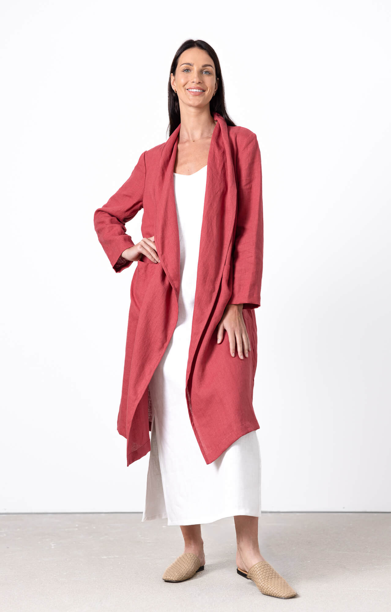 Red Linen Long Coat Women Emma