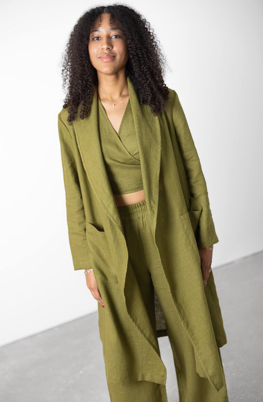 Olive Green Linen Long Cardigan Emma