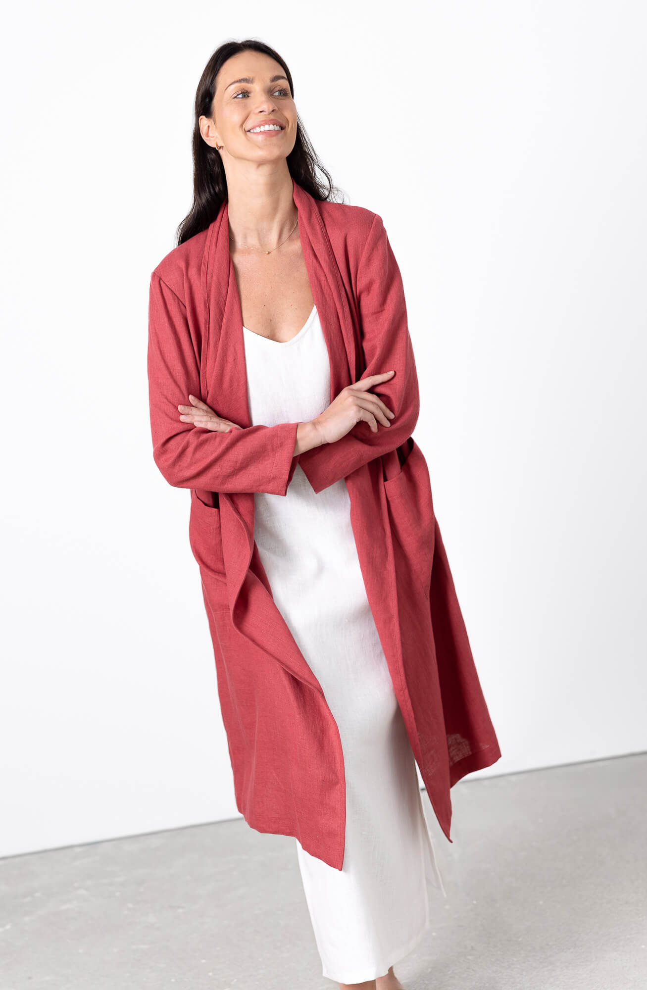 Red Linen Long Coat Women Emma
