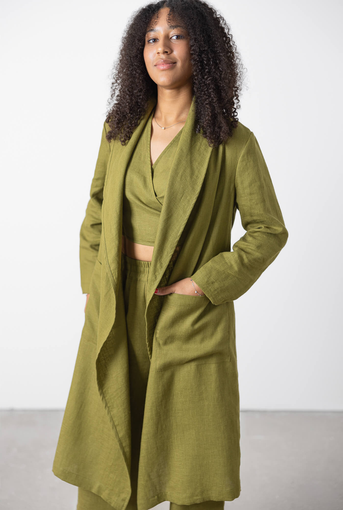 Olive Green Linen Long Cardigan Emma
